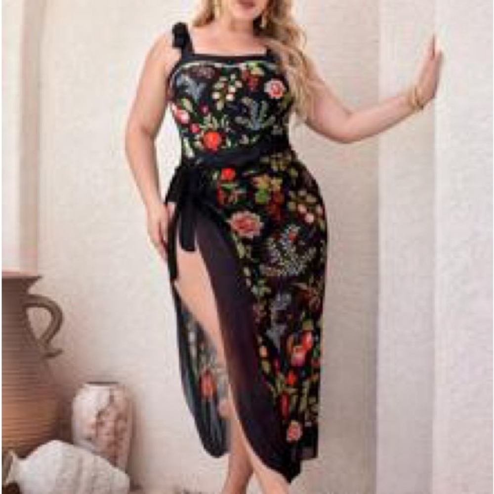 Floral one piece swimsuit with skirt
